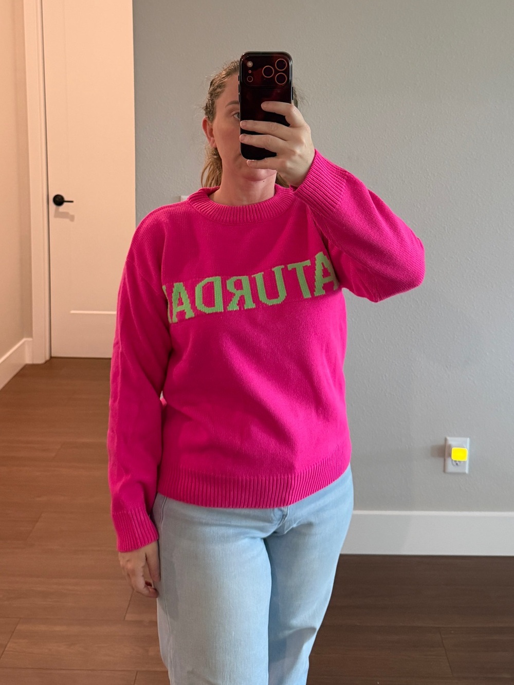 English Factory Hot Pink Crewneck Sweater with Lime Green Lettering